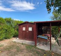 A wooden gazebo and a swing in the garden in Komárno with fruit trees.