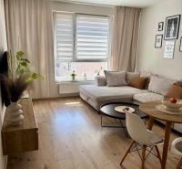 A bright living room in a 2-room apartment with a comfortable sofa and a wooden decor floor.