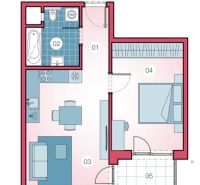 The floor plan of a 2-room apartment includes a bathroom, kitchen, living room, bedroom, and balcony.