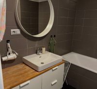 Bathroom in a 2-room apartment with a sink, mirror, and bathtub, elegant brown tiles.