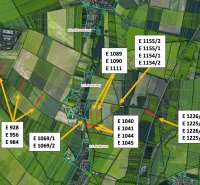 Map of agricultural and forest lands Pečeňady with parcel numbers.