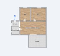 The floor plan of the family house with a terrace includes two rooms, a bathroom, and a kitchen.