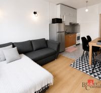 Stylish interior of a 2-room apartment with wood-patterned flooring, a kitchen, and a dining table.