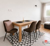 Dining area with a table and chairs in a 2-room apartment, with a wooden decor floor.