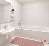A bathroom in a 2-room apartment with a bathtub, sink, and light-colored tiles.