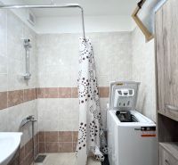 A bathroom in a 3-room apartment with a washing machine, a sink, and a shower with a curtain.