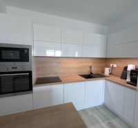 A kitchen in a 2-room apartment with a wooden decor floor and modern appliances.