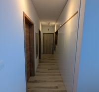 A hallway in a 2-room apartment with a wooden decor floor and white walls.