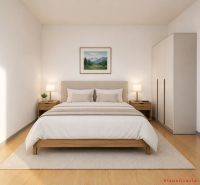 A bedroom in a 2-room apartment with a bed, a wardrobe, and a floor with a wooden decor.