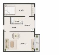 Floor plan of a 2-room apartment with a living room, bedroom, kitchen, bathroom, and loggia.