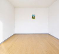 An empty room in a 2-room apartment with a wood-patterned floor and white walls.