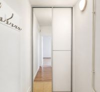 A hallway with a wardrobe and a wooden decor floor in a 2-room apartment.