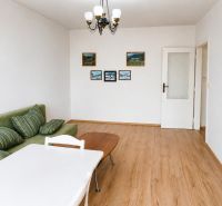 Living room in a two-room apartment with a wooden decor floor, a sofa, and a table.