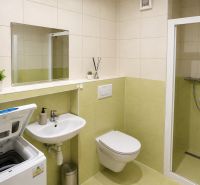 A bathroom in a 2-room apartment with a washing machine, shower, and sink in green tones.