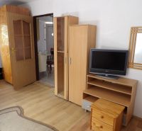 Living room in a two-room apartment with furniture and flooring featuring a wood design.