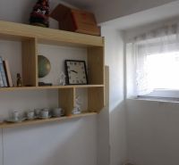 A shelf with souvenirs and books in a 2-room apartment with light from the window.