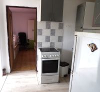 A kitchen in a 2-room apartment, overlooking the living room with a wooden decor floor.