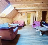 Living room of a family house with a wooden decor floor and pink armchairs.