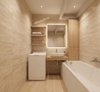 Elegant bathroom in a two-room apartment with a wooden decor floor.