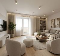 Living room with wood-patterned flooring, a comfortable sofa, and modern furnishings.