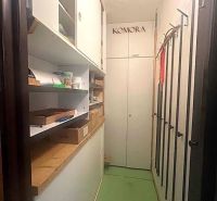 Storage space in a 2-room apartment with shelves and boxes, green floors.