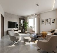 Living room in a two-room apartment with a TV, a plant, and wall pictures.