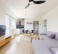 Living room in a three-room apartment with a wooden decor floor, TV, and seating.