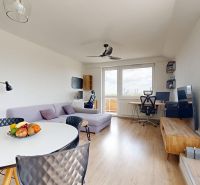 Living room with a sofa, dining table, and wood-patterned flooring in a 3-room apartment.