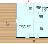 A floor plan of a 3-room apartment with a terrace and a loggia, includes a living room and a bathroom.