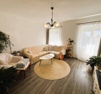 Bright living space in a two-room apartment with a wooden decor floor.