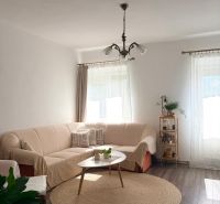 Living room with wood-patterned flooring, beige sofa, and round carpet.
