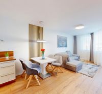 Open space living room and kitchen with a sofa and wood-patterned flooring.