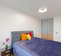Bedroom with upholstered bed, wardrobe, and nightstand, 2-room apartment.