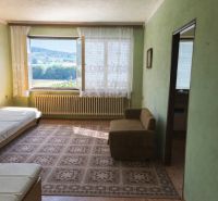 Interior of a family house with green walls, carpet, and a view from the window.