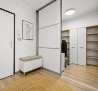 Hallway with a white wardrobe, bench, decoration, and wooden decor flooring in a 2-room apartment.