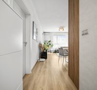 A hallway with a wooden decor floor leading to the living room in a two-room apartment.