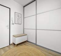 Entrance hall in a 2-room apartment with wood-patterned flooring and minimalist furniture.