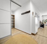 Interior of a 2-room apartment with a wooden decor floor, plants, and practical furniture.