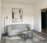 A room in a one-room apartment with a couch, a painting, and a floor with a wood decor.