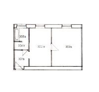 Floor plan of a one-bedroom apartment with separate rooms and an entrance hallway.