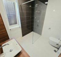 Bathroom in a 4-room apartment with a sink, shower, and dark tiles.
