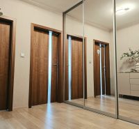 A hallway with a mirrored wardrobe, a floor with a wood decor, and doors in a 4-room apartment.