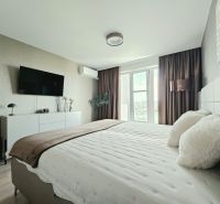 A stylish bedroom in a 4-room apartment with a wooden decor floor and a view through a large window.