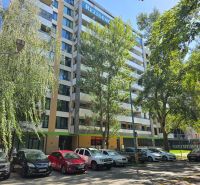 A high-rise residential building surrounded by trees on Antolská Street in Bratislava, Petržalka.