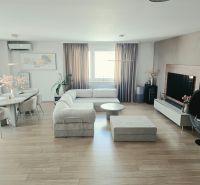 Living room with a light-colored sofa set, wooden decor flooring, dining table, 4-room apartment.