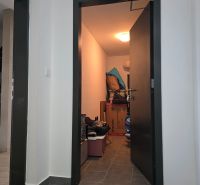 A hallway with gray tiles and a storage room in a 4-room apartment.