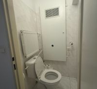 Bathroom in a studio apartment with a toilet, light tiles, and a radiator.