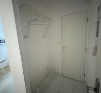 Entrance hall with a coat rack and shoe cabinet in a studio apartment with tiled flooring.