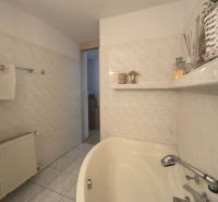 Bathroom in a studio apartment with a bathtub, ceramic tiles, and decorations.