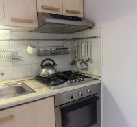 A kitchen in a studio apartment with a gas stove and cabinets in a light decor.